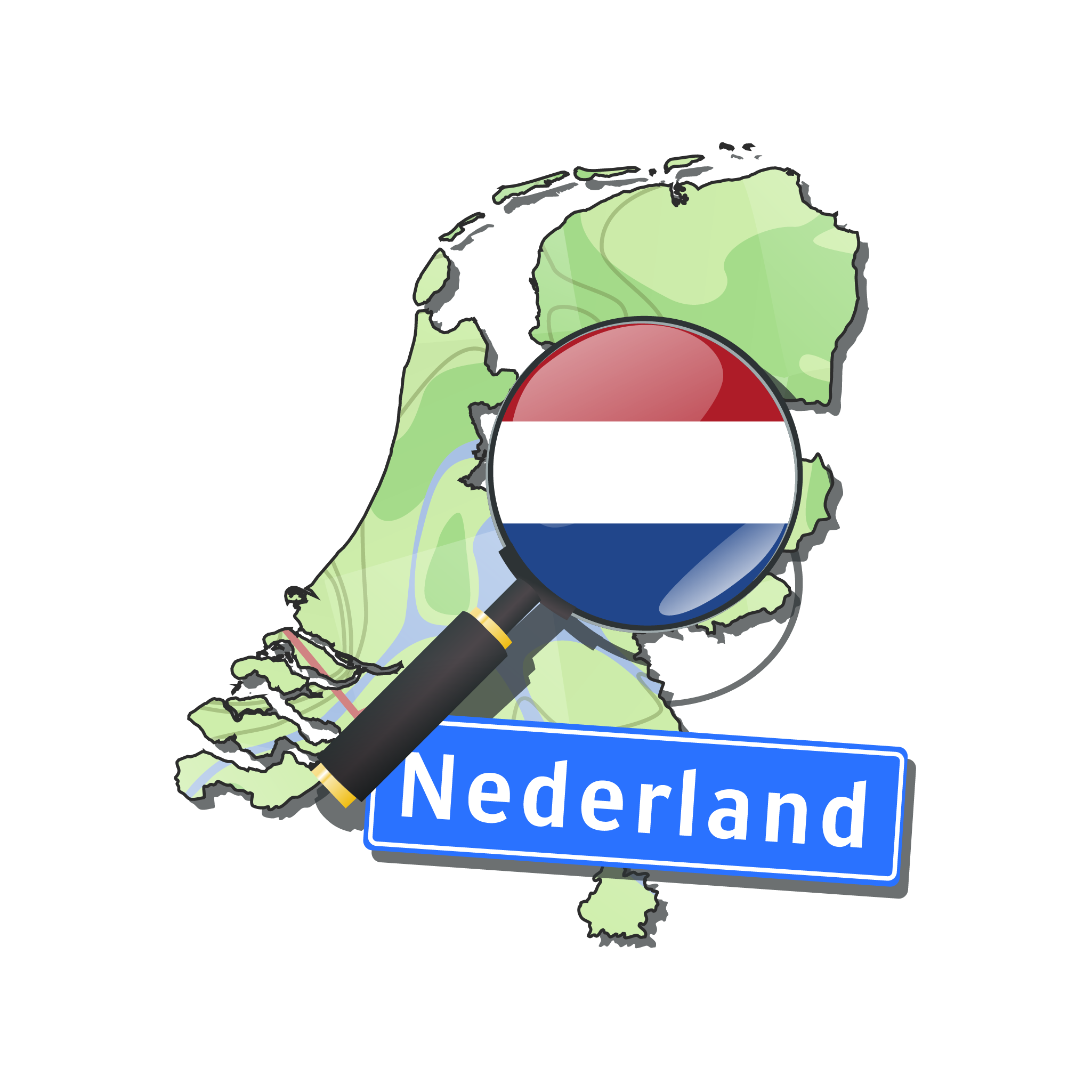 Logo van OpenStreetMap Nederland. Een grafische abstracte weergave van een kaart van Nederland, met een vergrootglas boven het rechtermidden. Door het glas zie je een Nederlandse vlag. Onder het land is een het woord Nederland weergegeven alsof het een plaatsnaam-bord is.